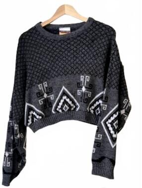 Vintage International German Company Cropped Geometric Knit Sweater Large Gray